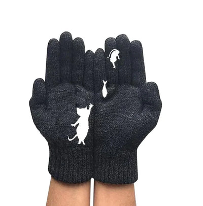 Gants en cachemire épais à imprimé chat