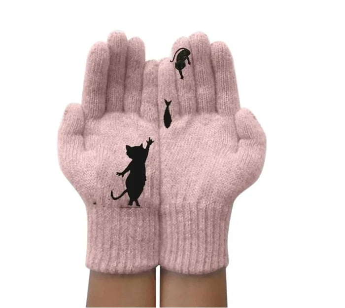 Gants en cachemire épais à imprimé chat
