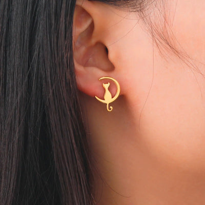 Boucles d'oreilles lune chat en acier inoxydable pour femmes