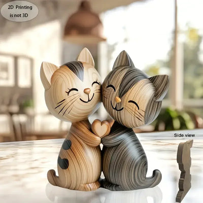 Sculpture Couple Chaton en Bois Décorative