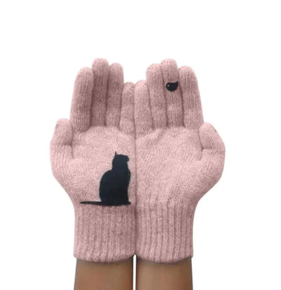Gants en cachemire épais à imprimé chat