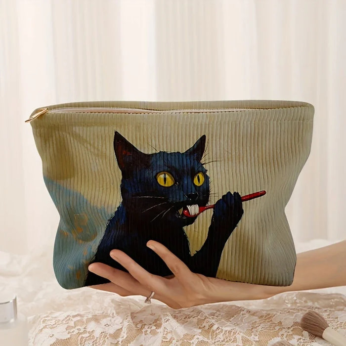 Trousse de maquillage en velours côtelé à motif chat noir