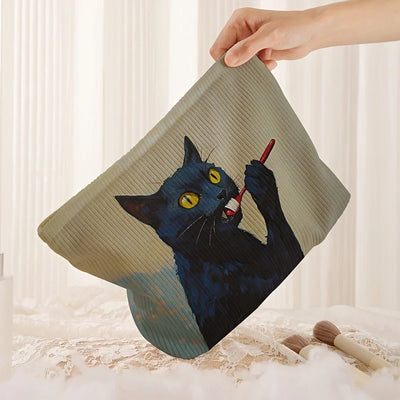 Trousse de maquillage en velours côtelé à motif chat noir