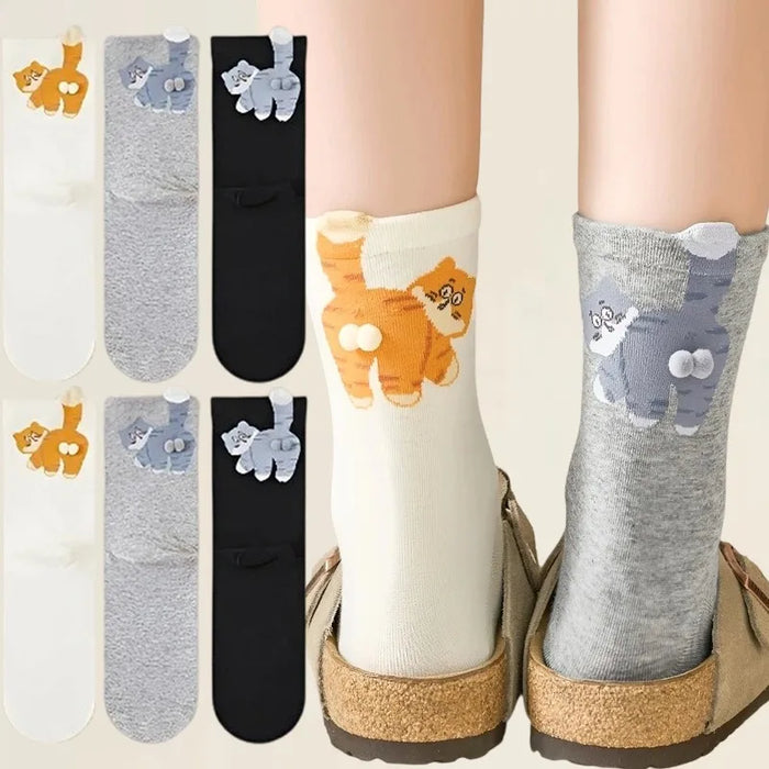 Chaussettes mi-mollet imprimées fesses de chat 3D en coton