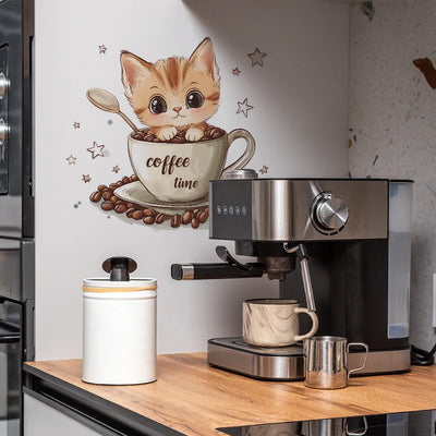 Autocollant mural chat tasse de café dessin animé