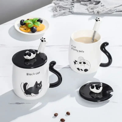Tasse en céramique chat dessin animé avec couvercle