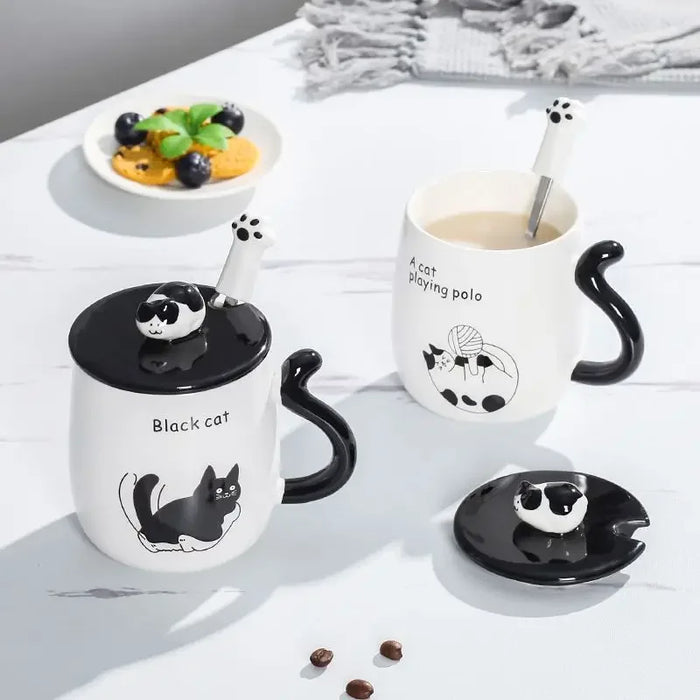 Tasse en céramique chat dessin animé avec couvercle