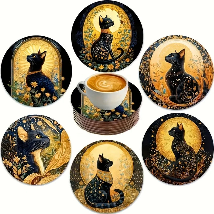 Ensemble de 6 dessous de verre en bois Chat Noir