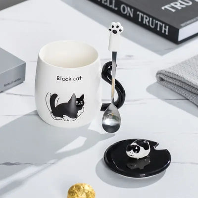 Tasse en céramique chat dessin animé avec couvercle