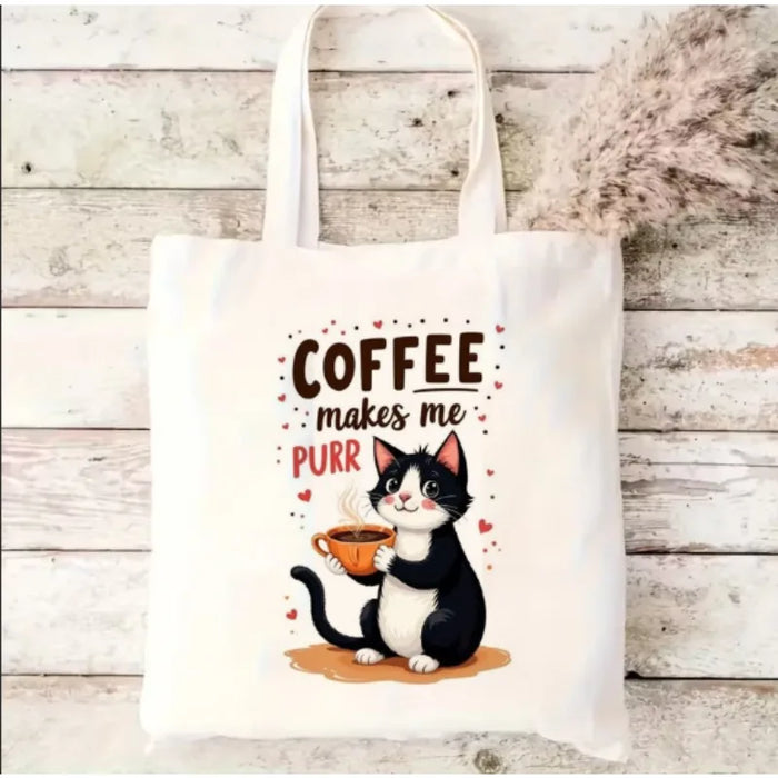 Sac de courses en toile motif café chat grand format