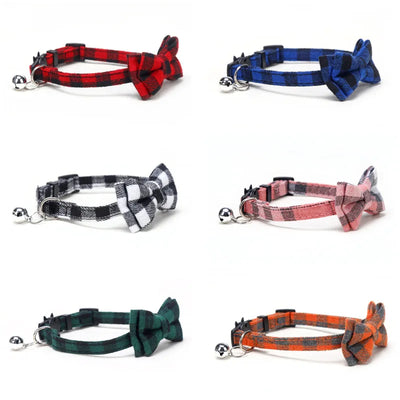 Collier chat détachable nœud papillon cloche Noël plaid rouge