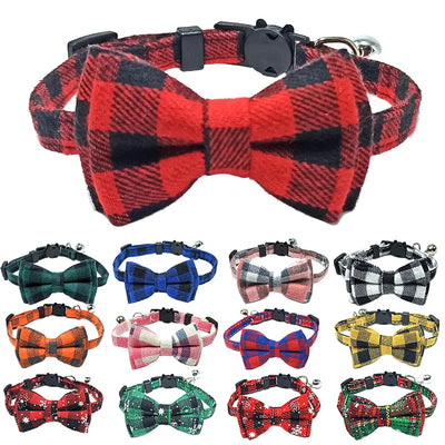 Collier chat détachable nœud papillon cloche Noël plaid rouge