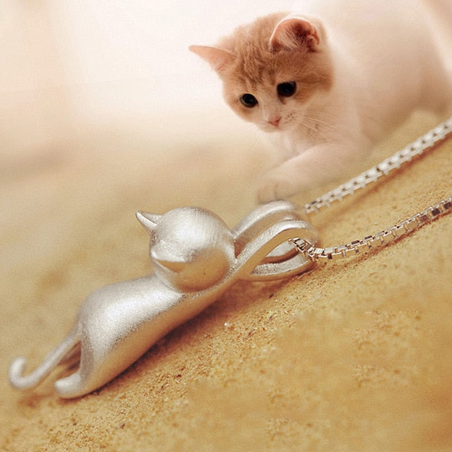 Cute Silver Cat Pendant Necklace Trendy Tiny Cat Dog Pet Animal Long Chain Necklace For Women Girl Charm Jewelry Birthday Gift