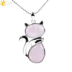 CSJA Natural Stone Necklaces Pendants for Women Girl Cute Cat Shape Rock Pink Quartz Black Onyx Beads Chain Reiki Jewelry F066